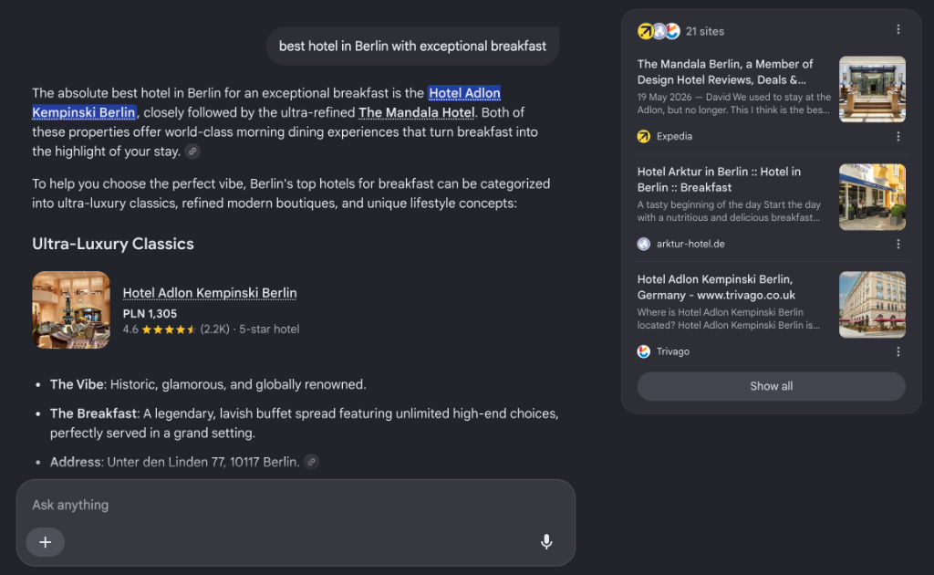Real example of an AI chat answer recommending hotels with citations and reviews