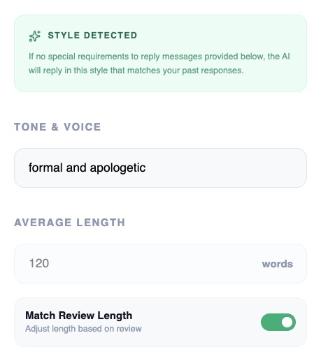 Management response analytics showing consistent brand voice and quality scores