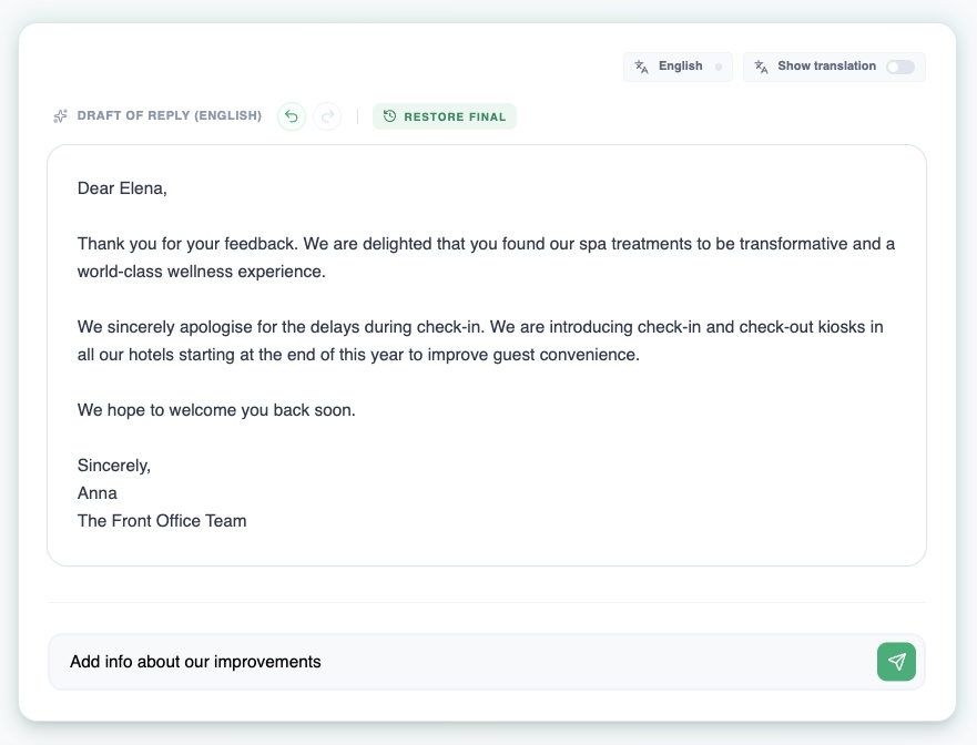 Signalia AI review reply generator interface with context-aware suggestions