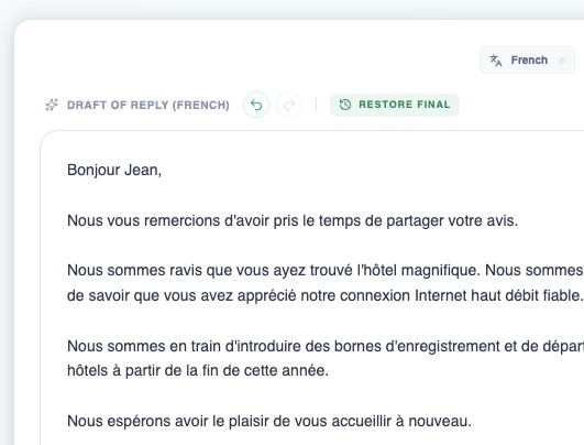 Signalia AI translation and multilingual review response dashboard