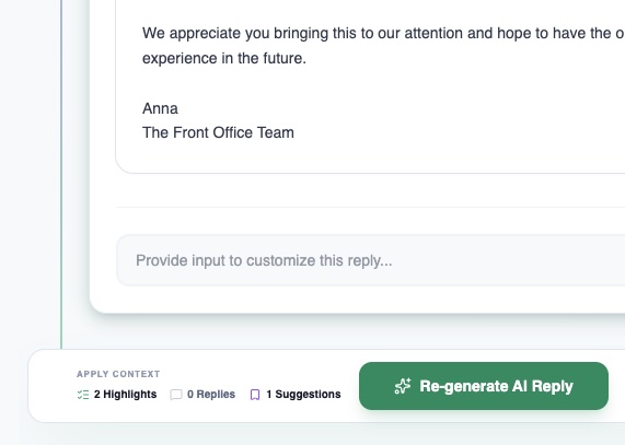 Signalia AI reply generator interface showing automated draft creation for guest reviews